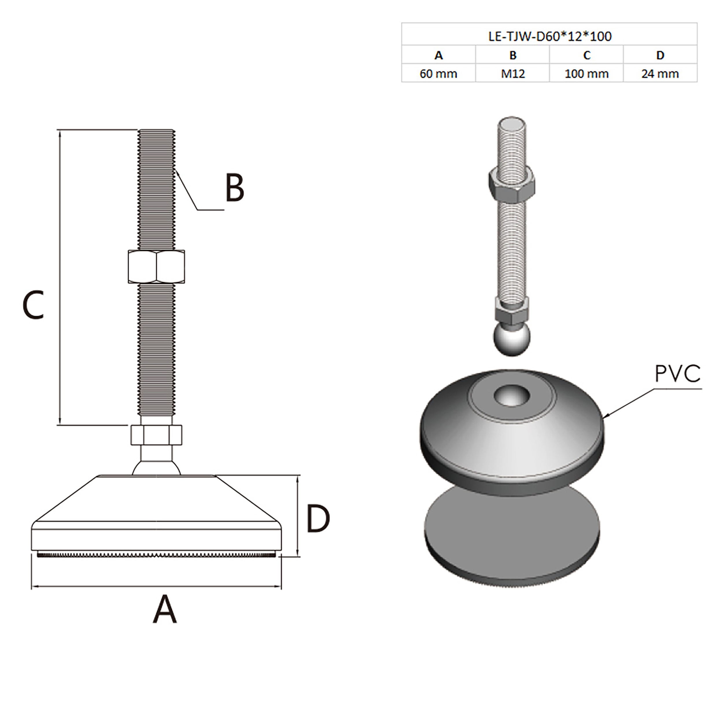 Gelenkfuss Standfuss M12x100mm Teller 60mm für Aluprofil 45-er - 4 Stück
