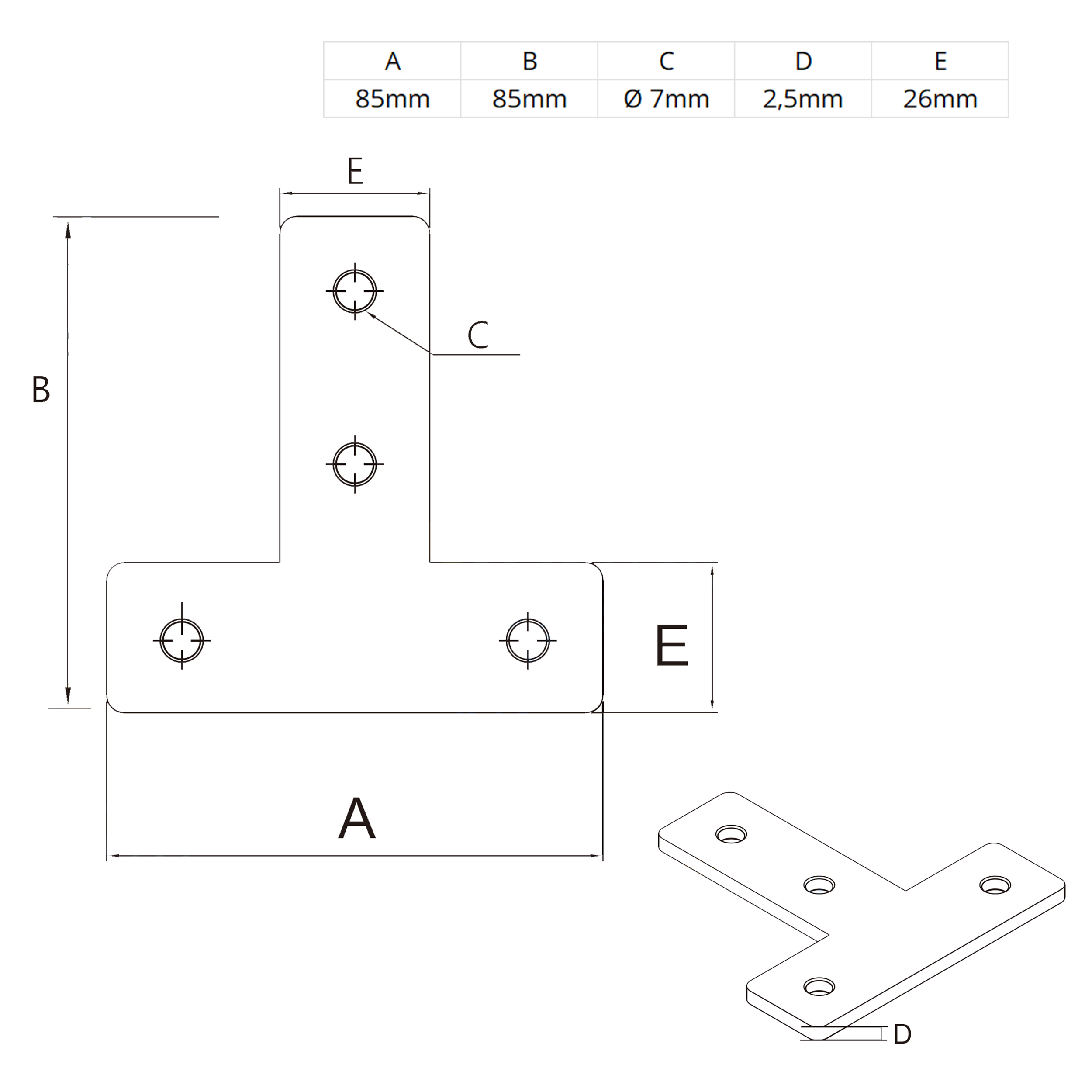 Verbinderplatte - T - 85x85mm Aussen Flachverbinder 30x30 Aluprofil Verbinderplatte - T - 85x85mm Aussen Flachverbinder 30x30 Aluprofil - 4 Stück inkl. Verschraubung