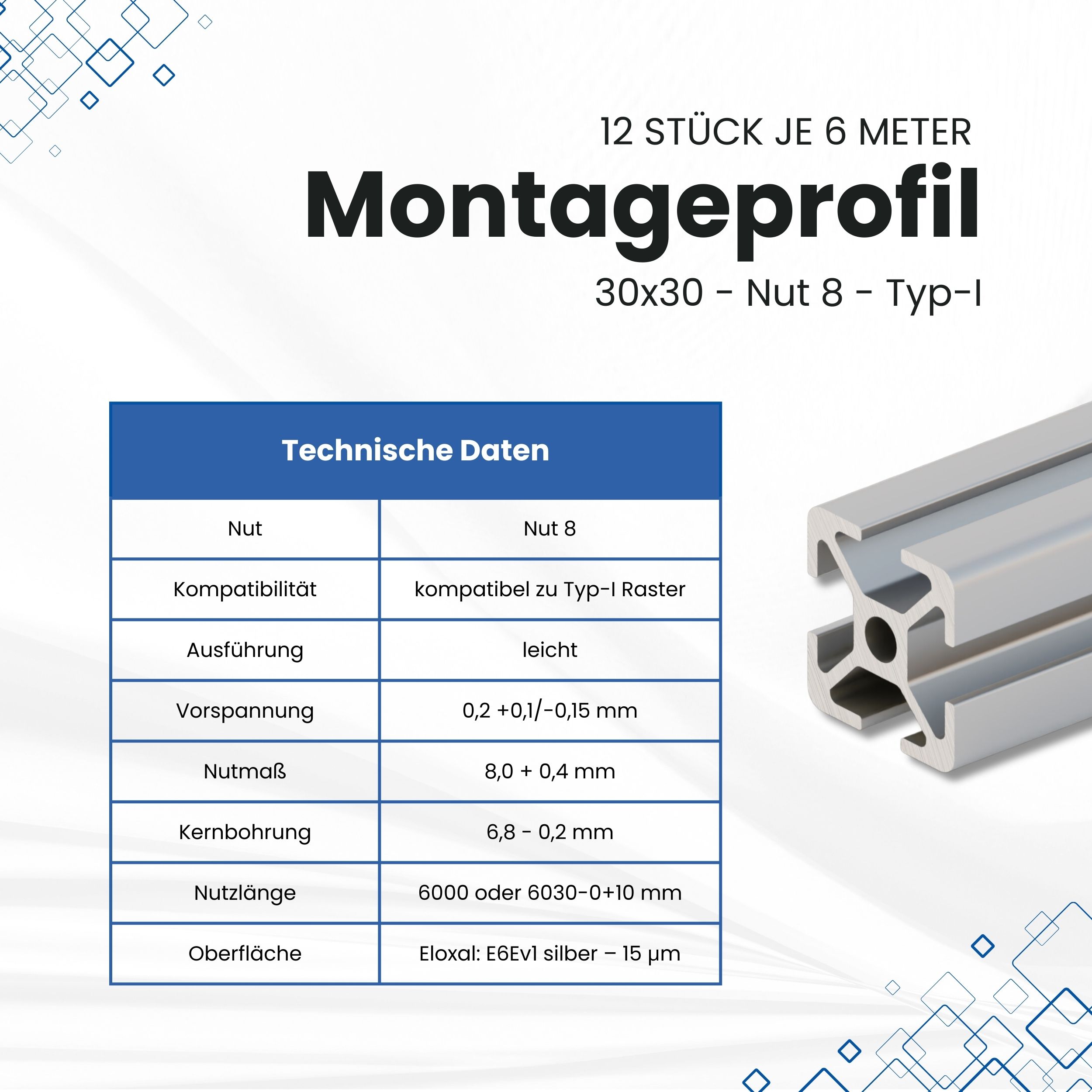 Alu Profil 12 Stück 30x30mm 6m System-, Montage-, Konstruktionsprofil Nut 8