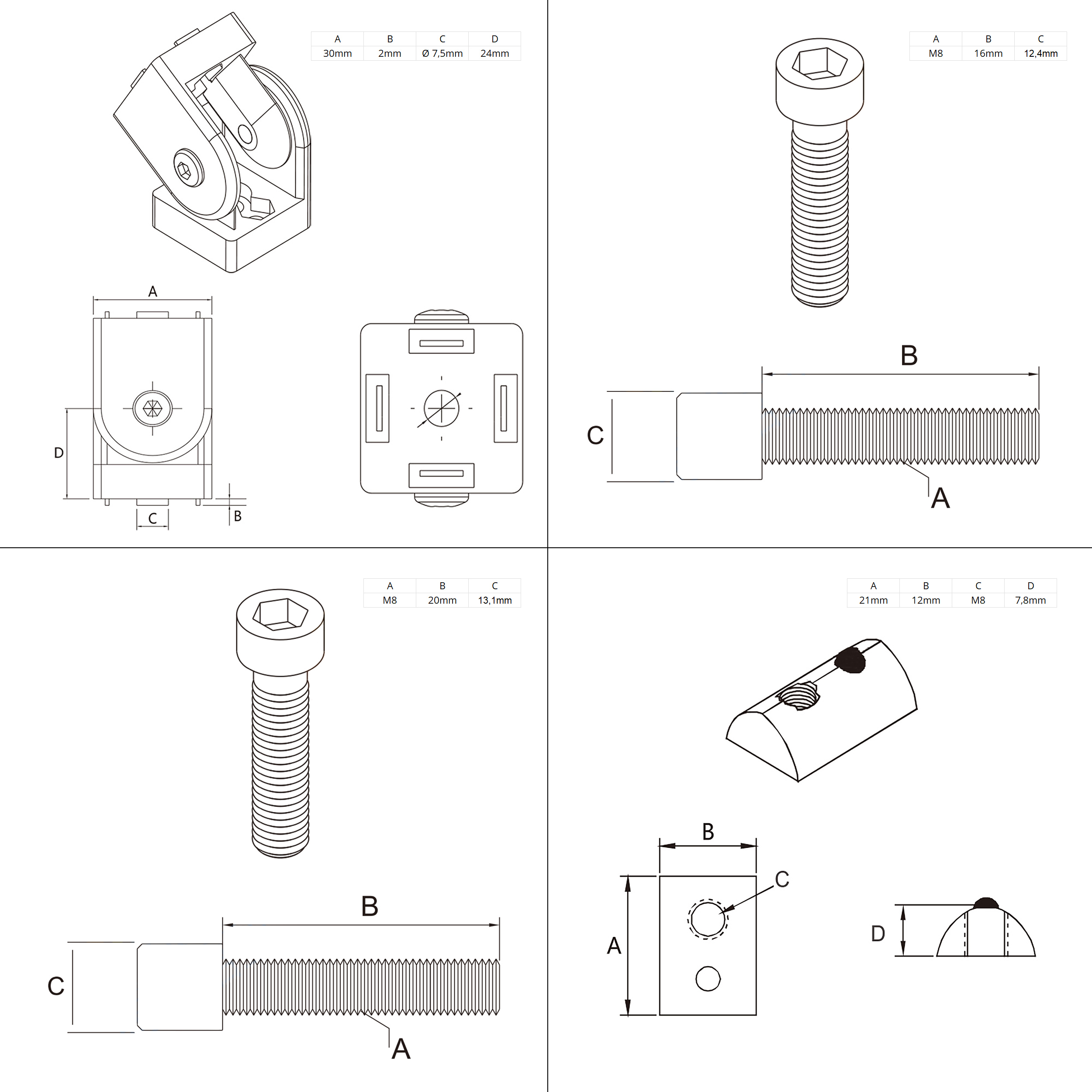 Gelenkverbinder Gelenk Winkelverbinder Nut 8 für Aluprofil 30-er schwarz - 4 Stück