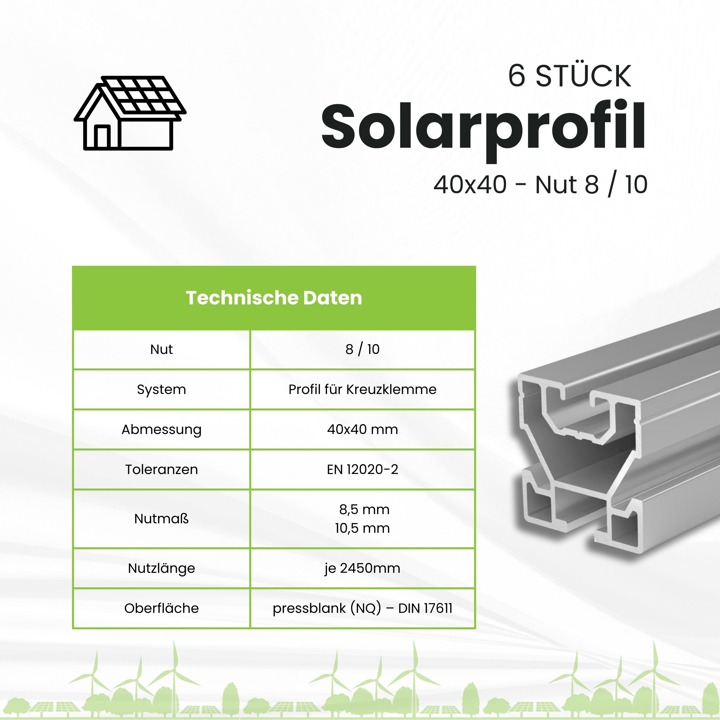 Solarprofile - 6x 40x40 - 2,45m - silber Profile - ohne MwSt. - TKSK-30 - PV-Profile - für Kreuzklemme - Zubehör
