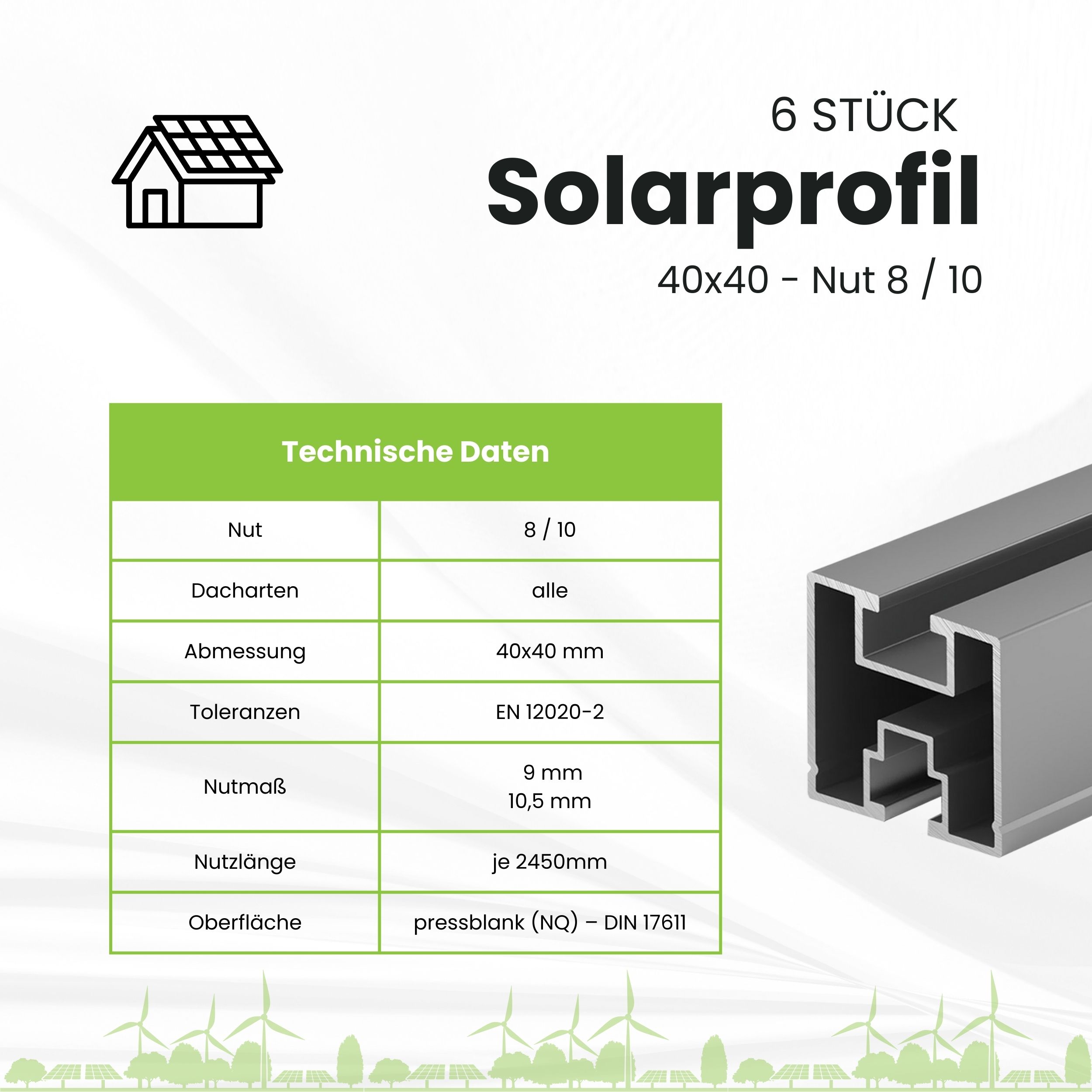 Solarprofile - 6x 40x40 - 2,54m - silber Profile - ohne MwSt. - TKS-40 - PV-Profile - Zubehör - Befestigungssystem