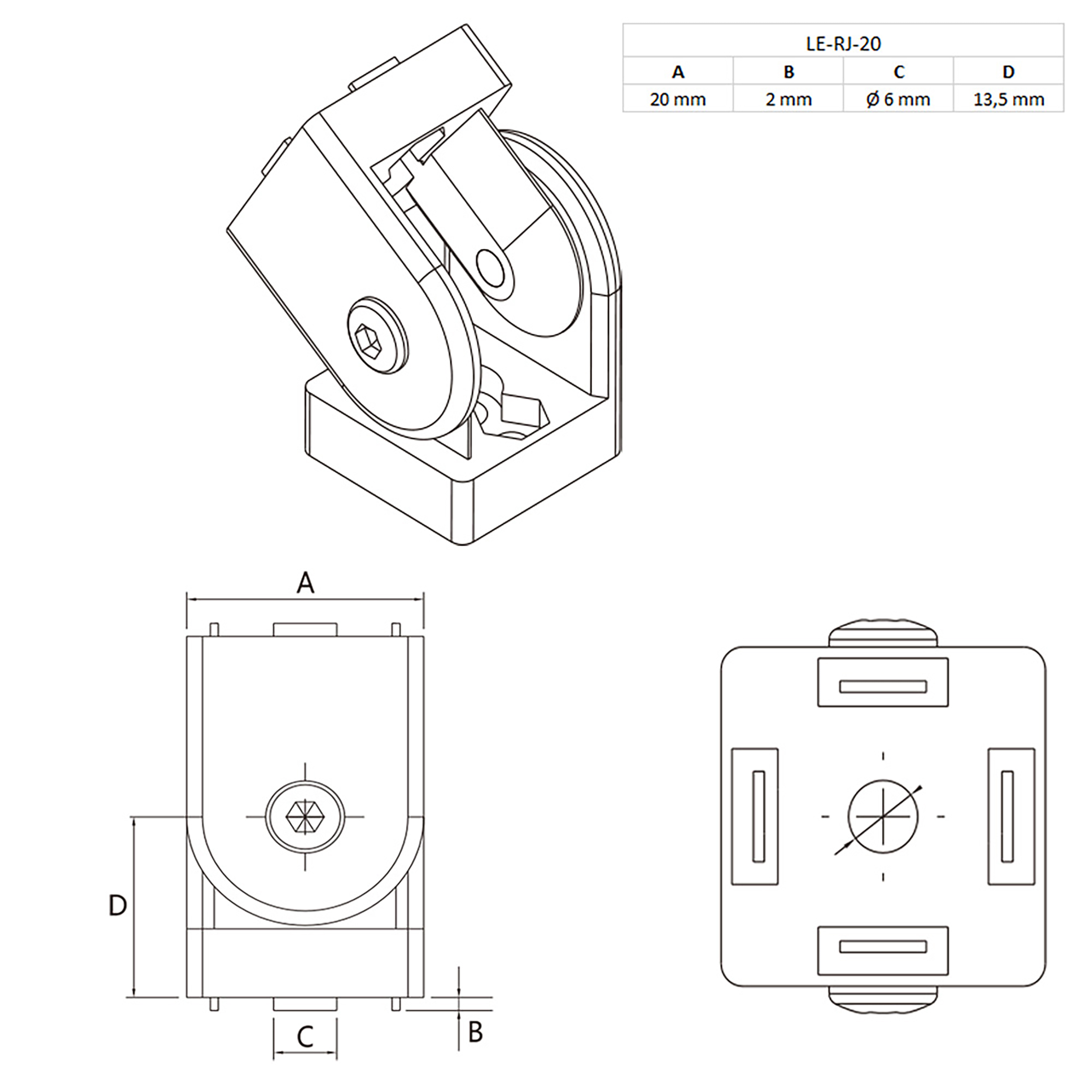 Gelenkverbinder Gelenk mit Klemmhebel Nut 6 für Aluprofil 20-er - 4 Stück