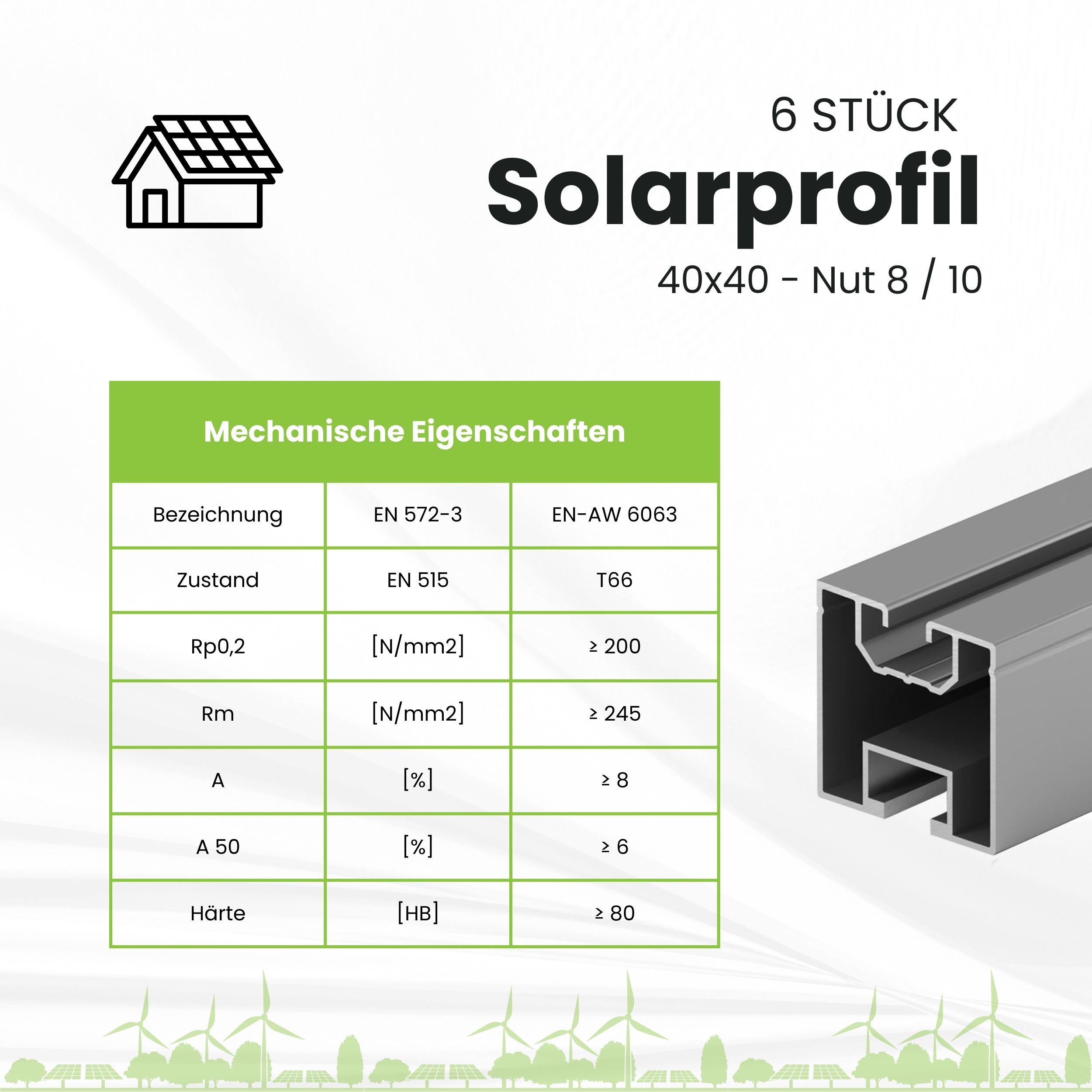 6x Alu Solarprofile 40x40 - 2,45m - Nut 8/10 - Typ-S, PV-Profile - Photovoltaik 6er - ohne MwSt.
