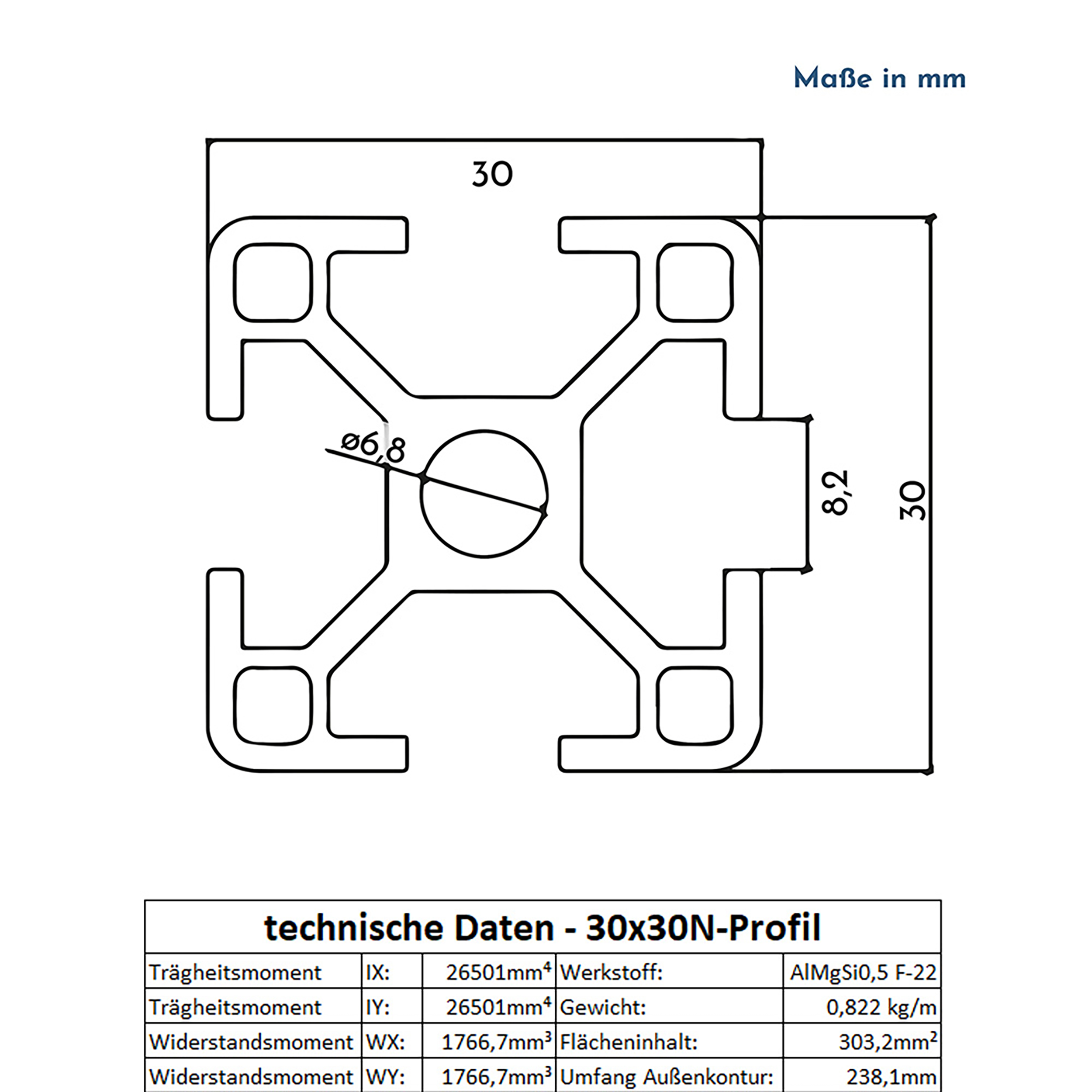 ALU Profil Aluprofil 30x30mm Nut 8 Aluminium Systemprofil Typ I 100mm-2000mm schwarz ALU Profil Aluprofil 30x30mm Nut 8 Aluminium Systemprofil Typ I schwarz 2000mm