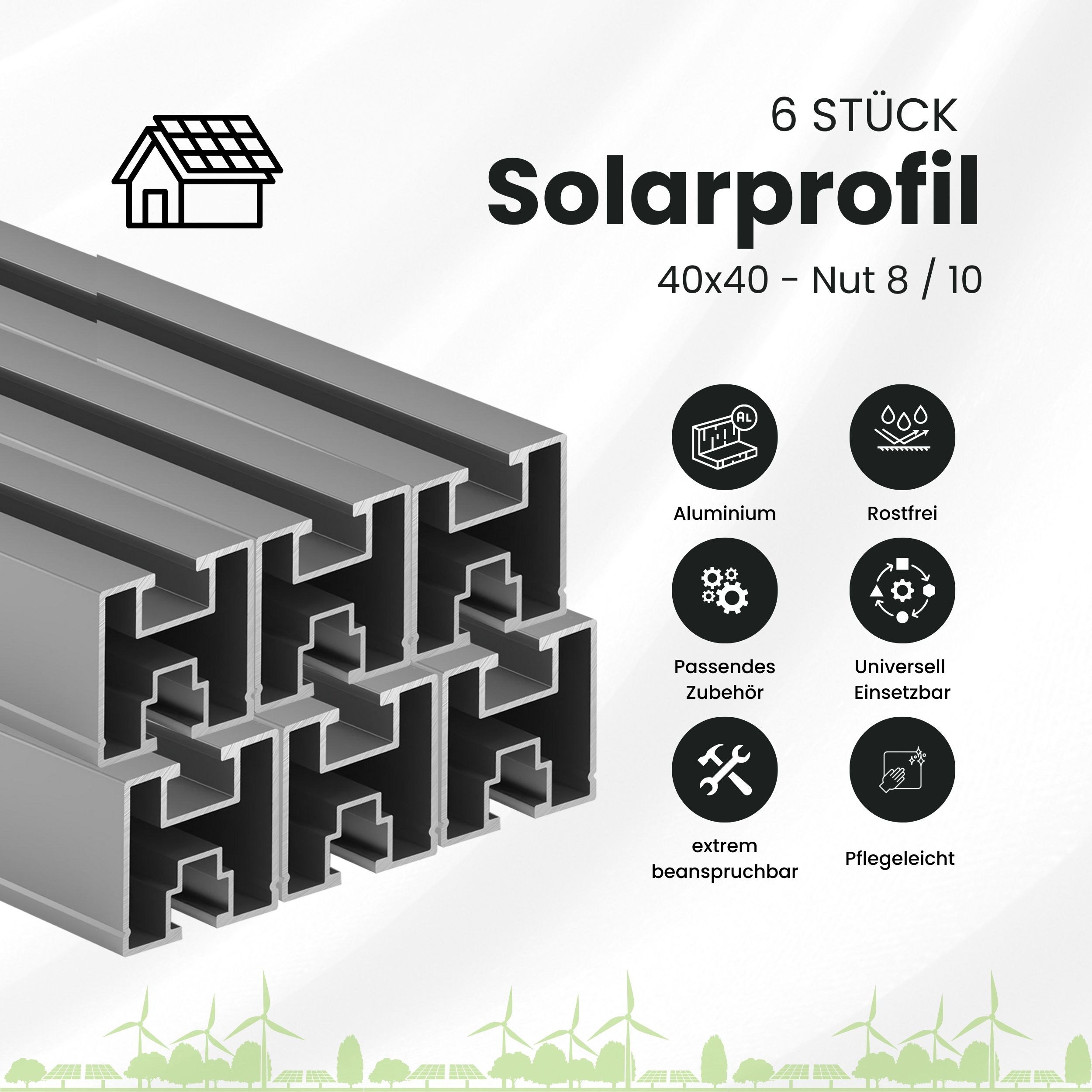 Solarprofile - 6x 40x40 - 2,54m - silber Profile - ohne MwSt. - TKS-40 - PV-Profile - Zubehör - Befestigungssystem