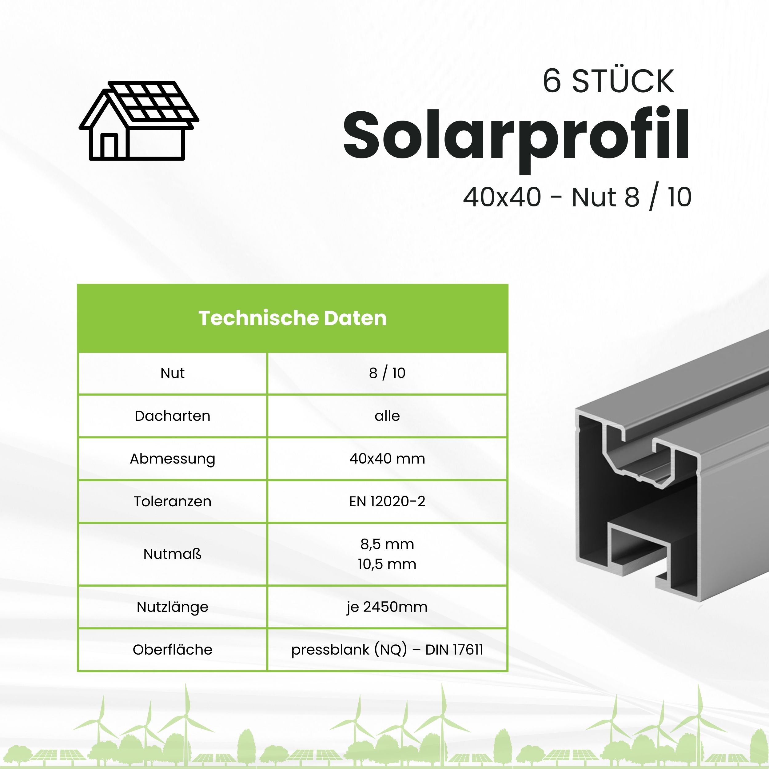 6x Alu Solarprofile 40x40 - 2,45m - Nut 8/10 - Typ-S, PV-Profile - Photovoltaik 6er - ohne MwSt.