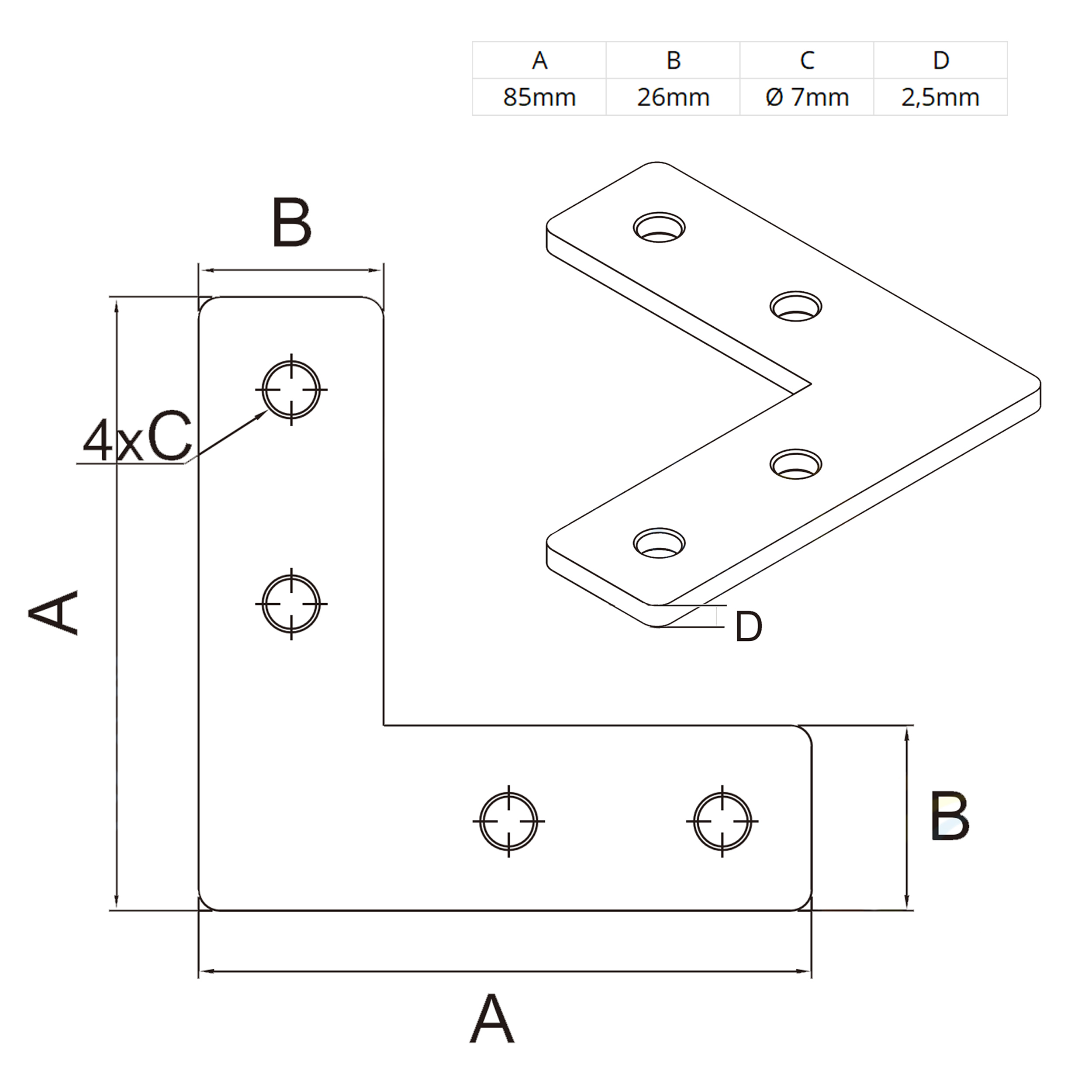 Verbinderplatte - L - 85x85mm Aussen L-Schnekel Flachverbinder 30x30 Aluprofil Verbinderplatte - L - 85x85mm Aussen L-Schnekel Flachverbinder 30x30 Aluprofil - 4 Stück