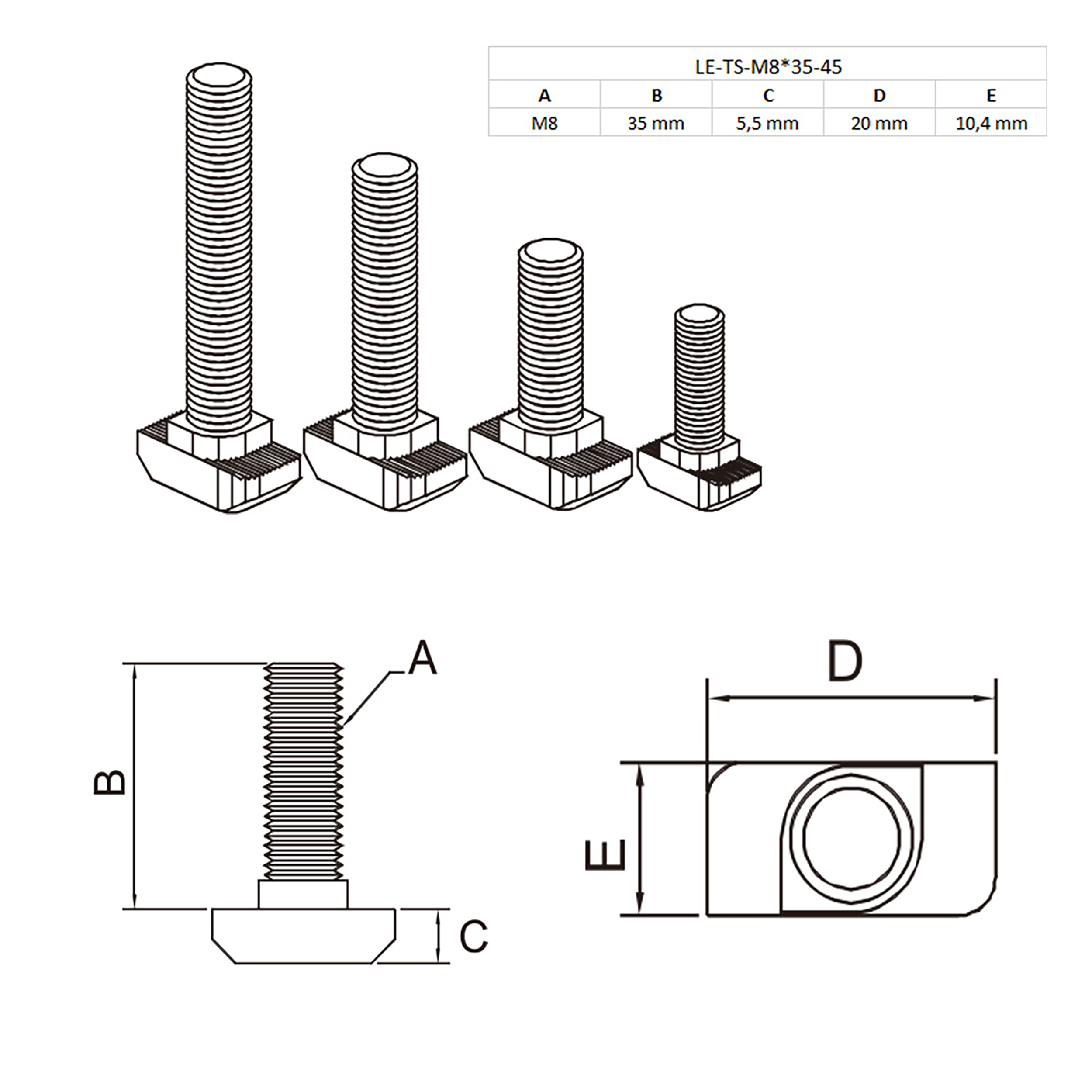 Hammerkopfschraube T-Schraube M8 35mm Nut 10 Aluprofil 45-er 1 Stück + Mutter