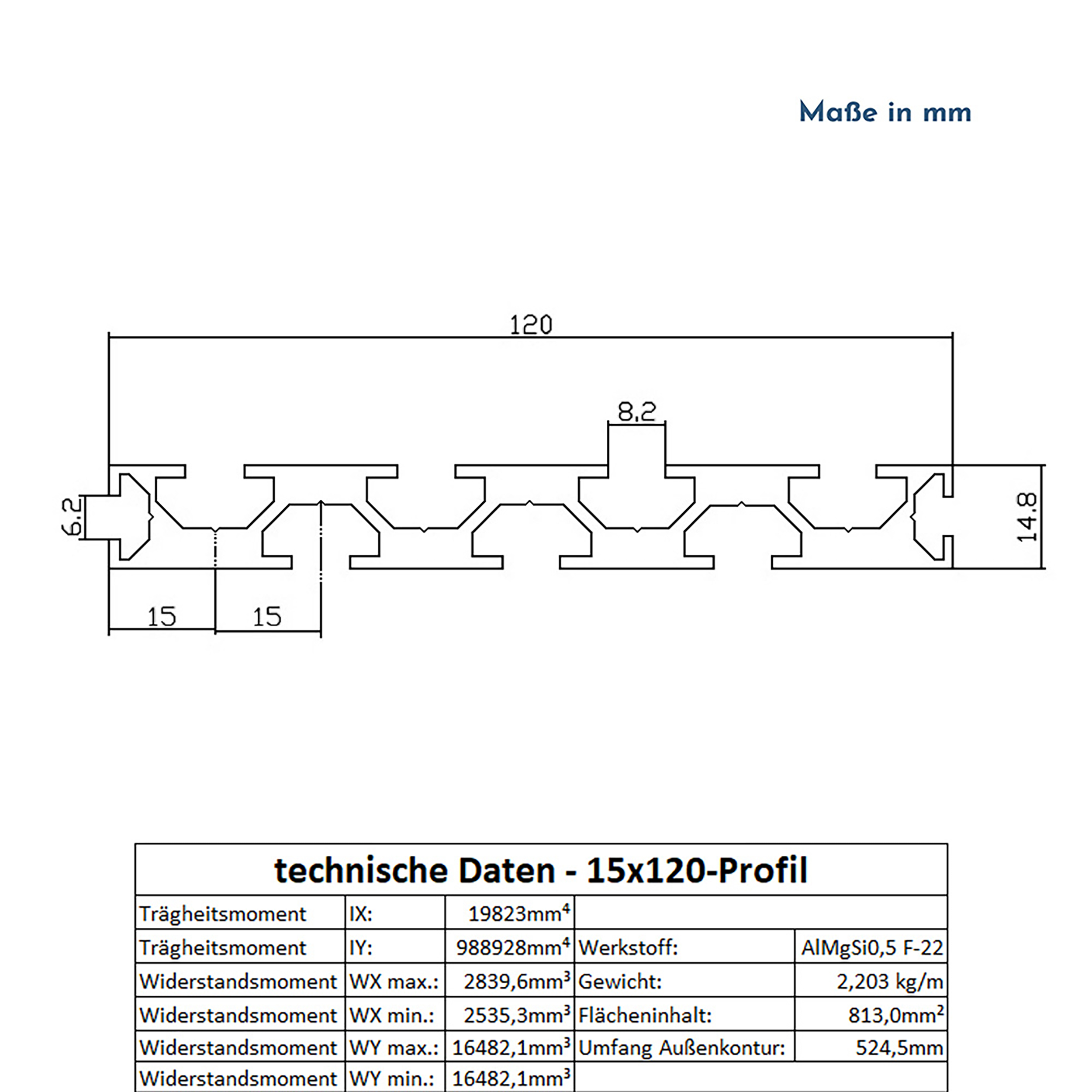 ALU Profil Aluprofil 15x120mm Nut 8 Aluminium Systemprofil Typ I 200cm 2000mm