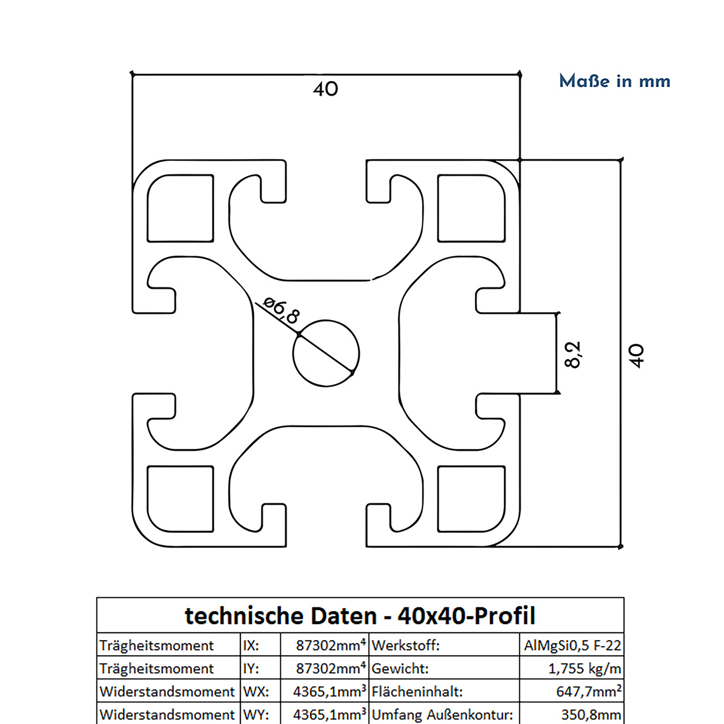 ALU Profil Aluprofil 40x40mm Nut 8 Aluminium Systemprofil Typ I 100mm-2000mm ALU Profil Aluprofil 40x40mm Nut 8 Aluminium Systemprofil Typ I 200cm 2000mm