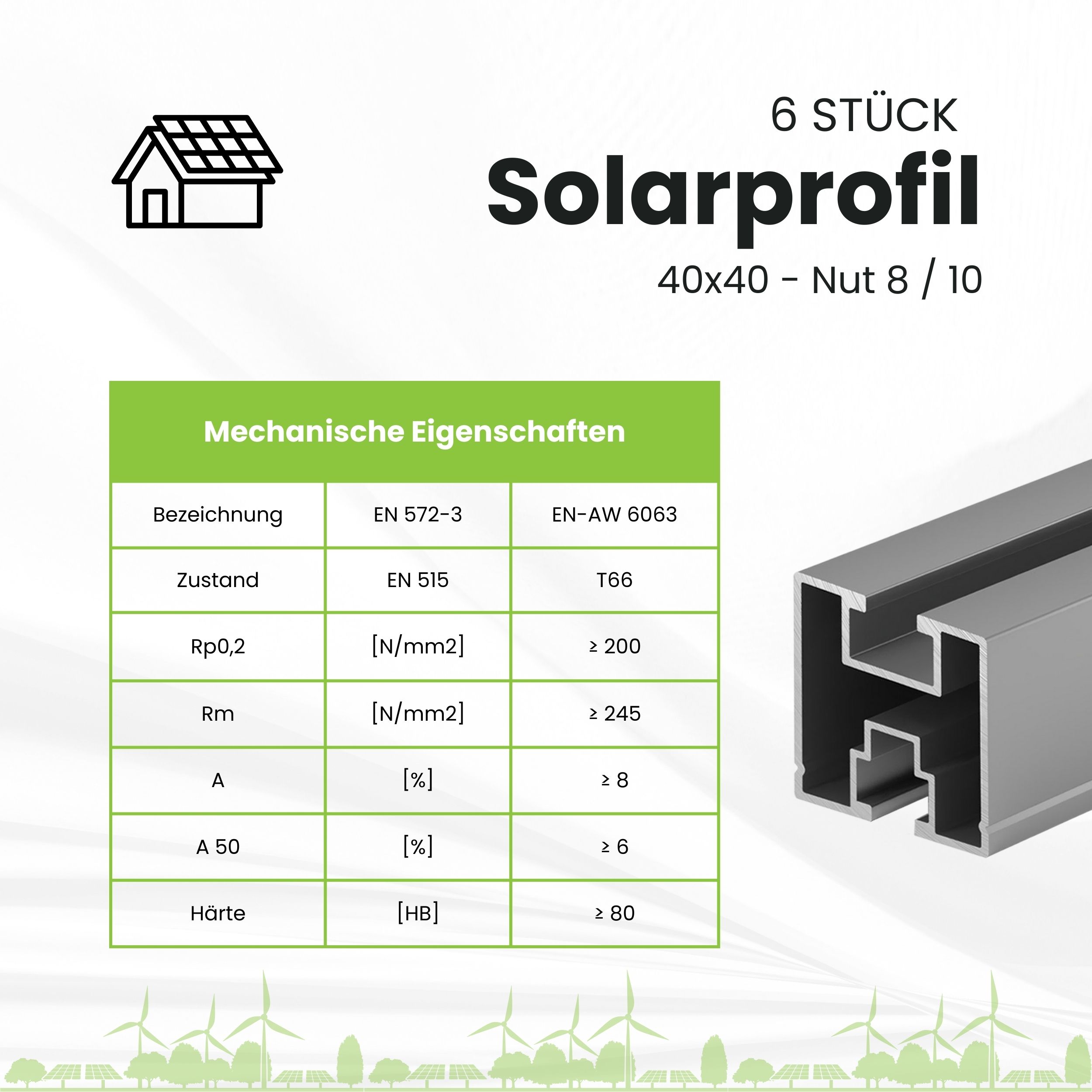 Solarprofile - 6x 40x40 - 2,54m - silber Profile - ohne MwSt. - TKS-40 - PV-Profile - Zubehör - Befestigungssystem