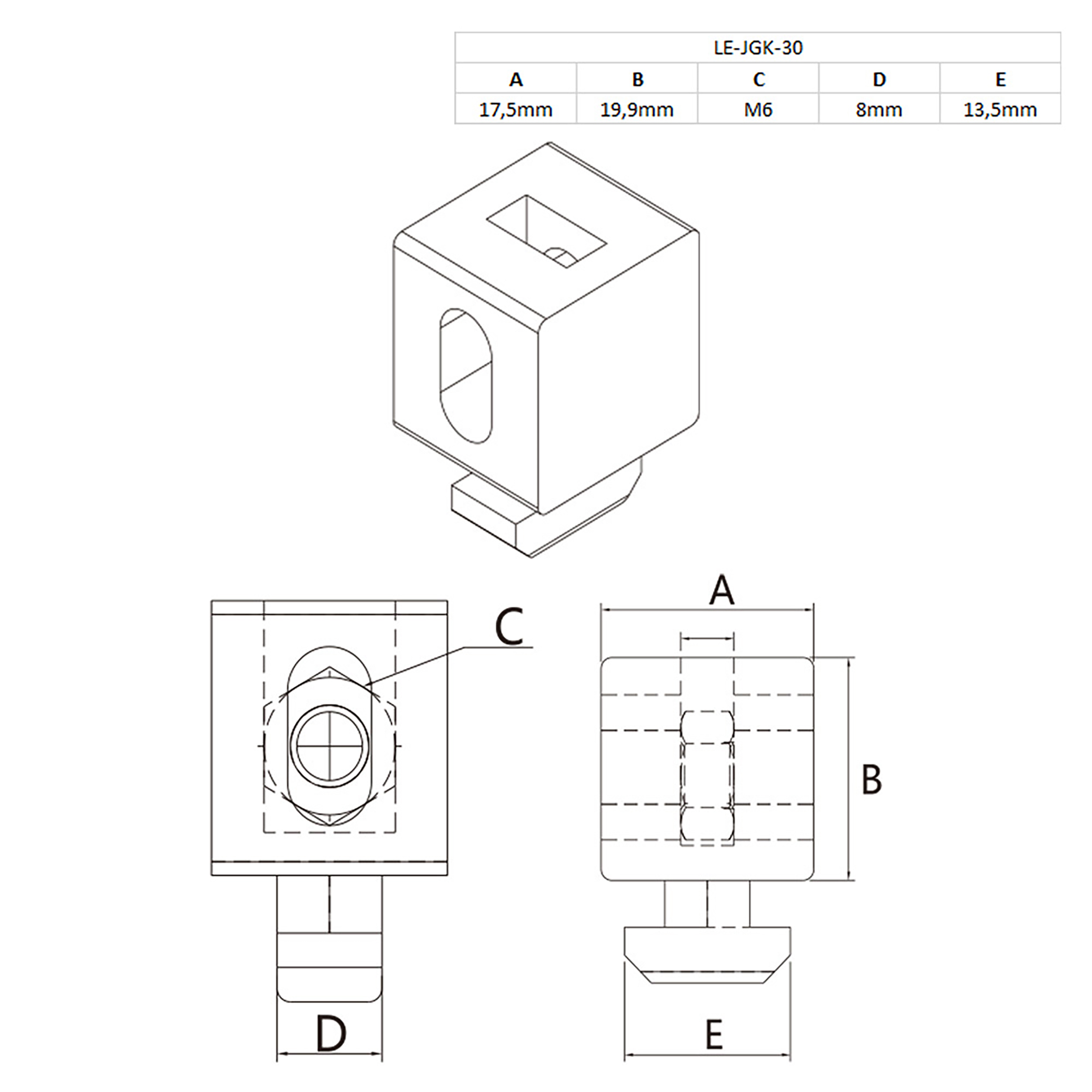 Verbindungsblock Uniblock Nut 8 Kunststoff M6 für Aluprofil 30-er 1 Stück