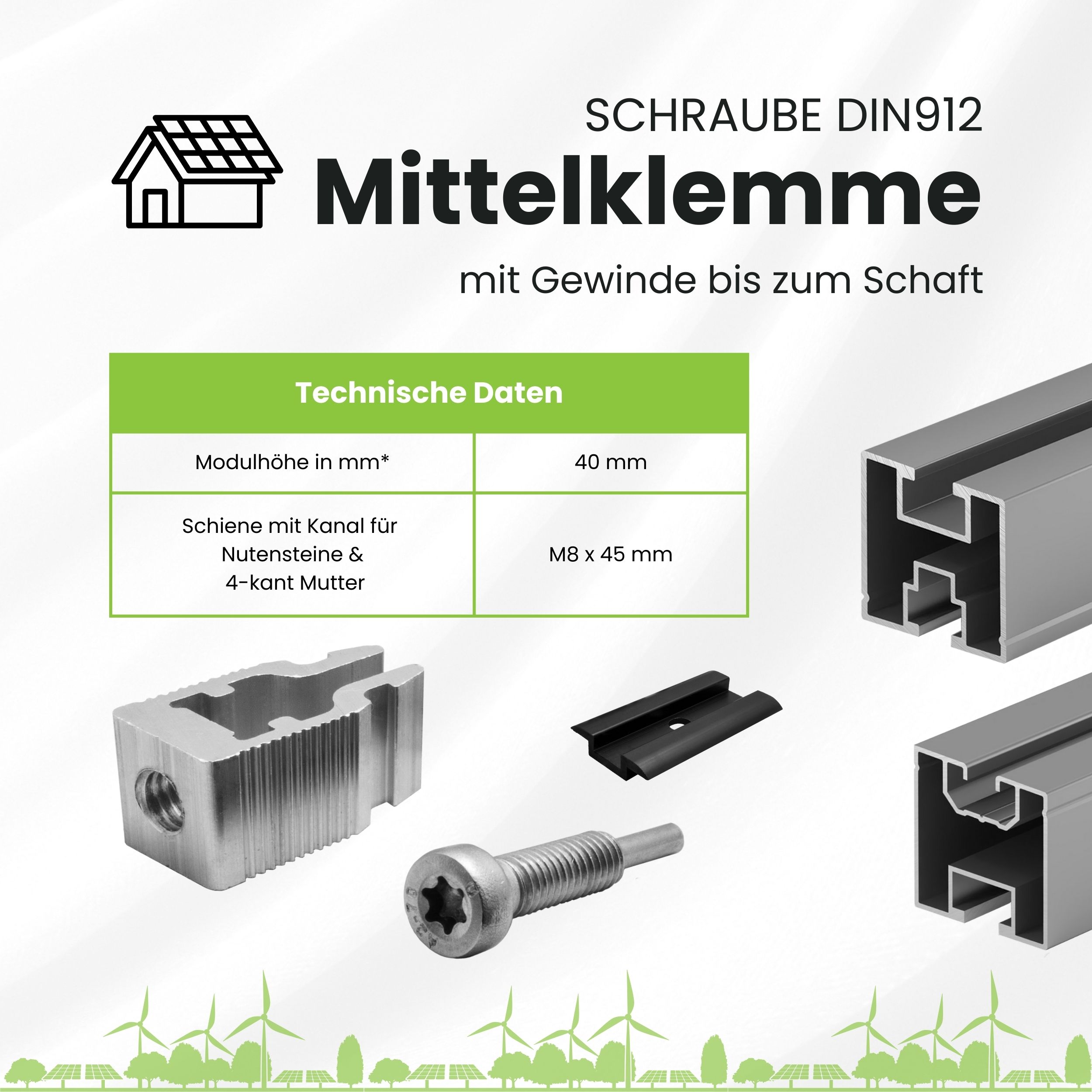 Solarprofile - 1x Mittelklemme schwarz - ohne MwSt. - TKSK-30 - PV-Profile - für Kreuzklemme - Zubehör