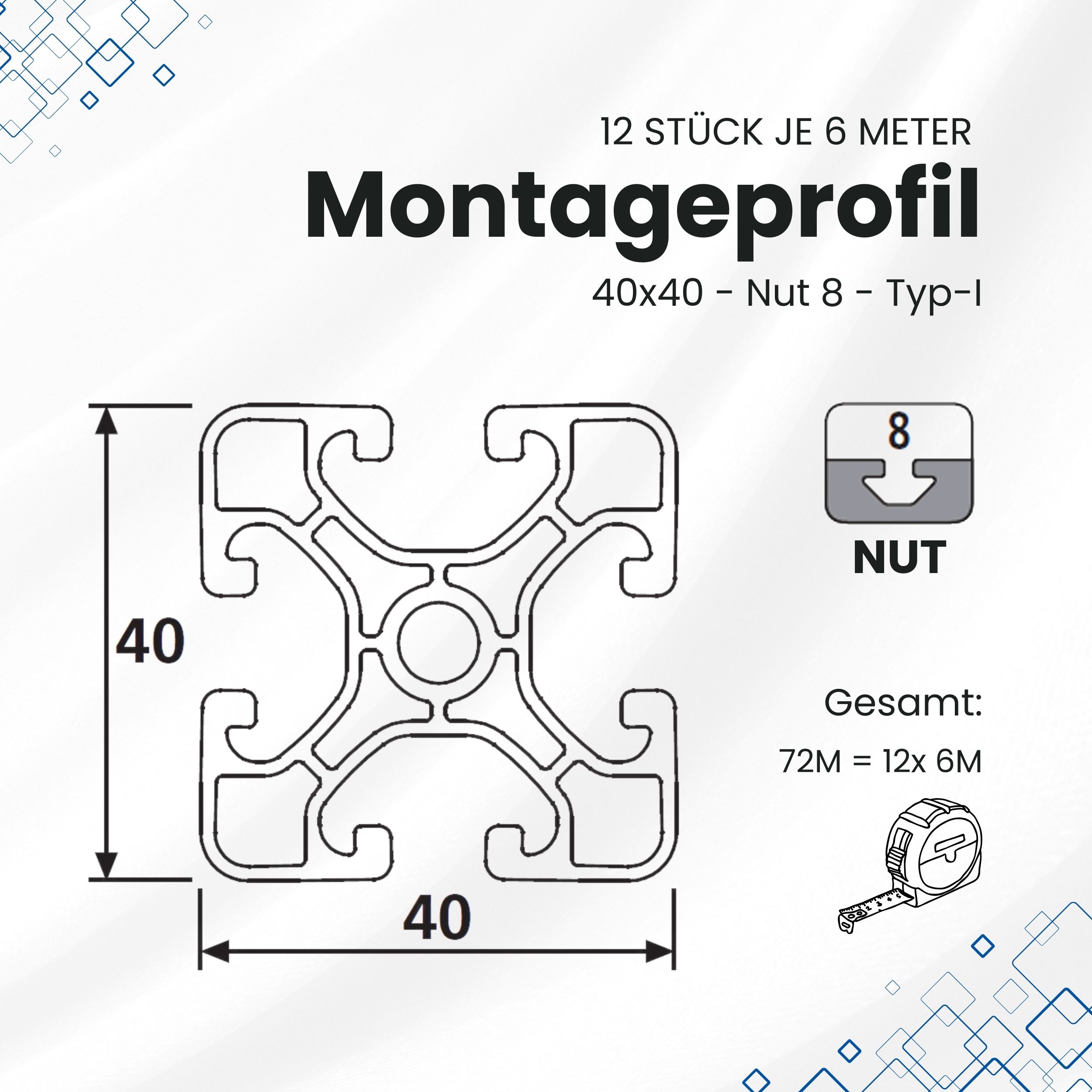Alu Profil 12 Stück 40x40mm light 6m System-, Montage-, Konstruktionsprofil Nut8