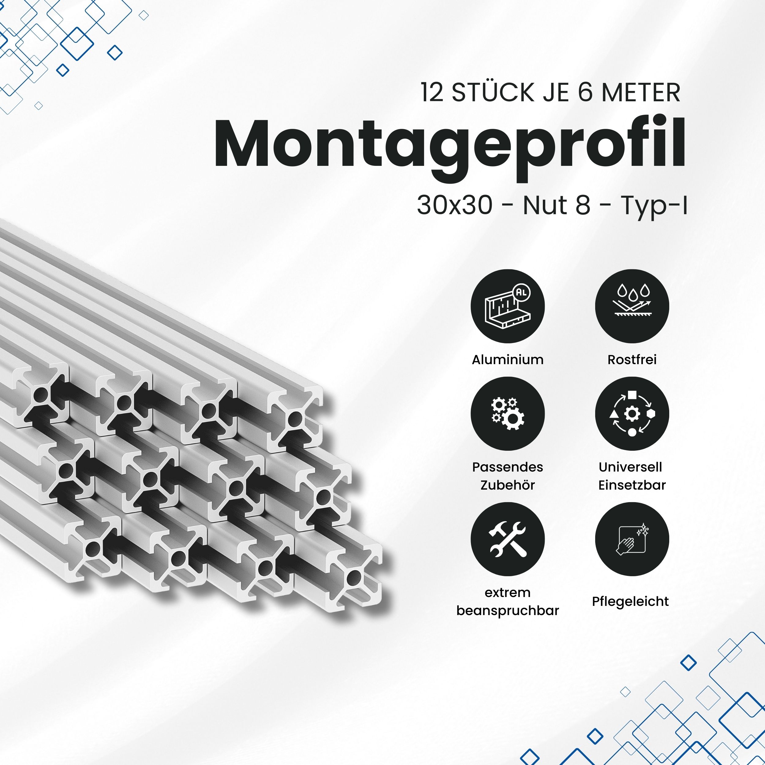 Alu Profil 12 Stück 30x30mm 6m System-, Montage-, Konstruktionsprofil Nut 8